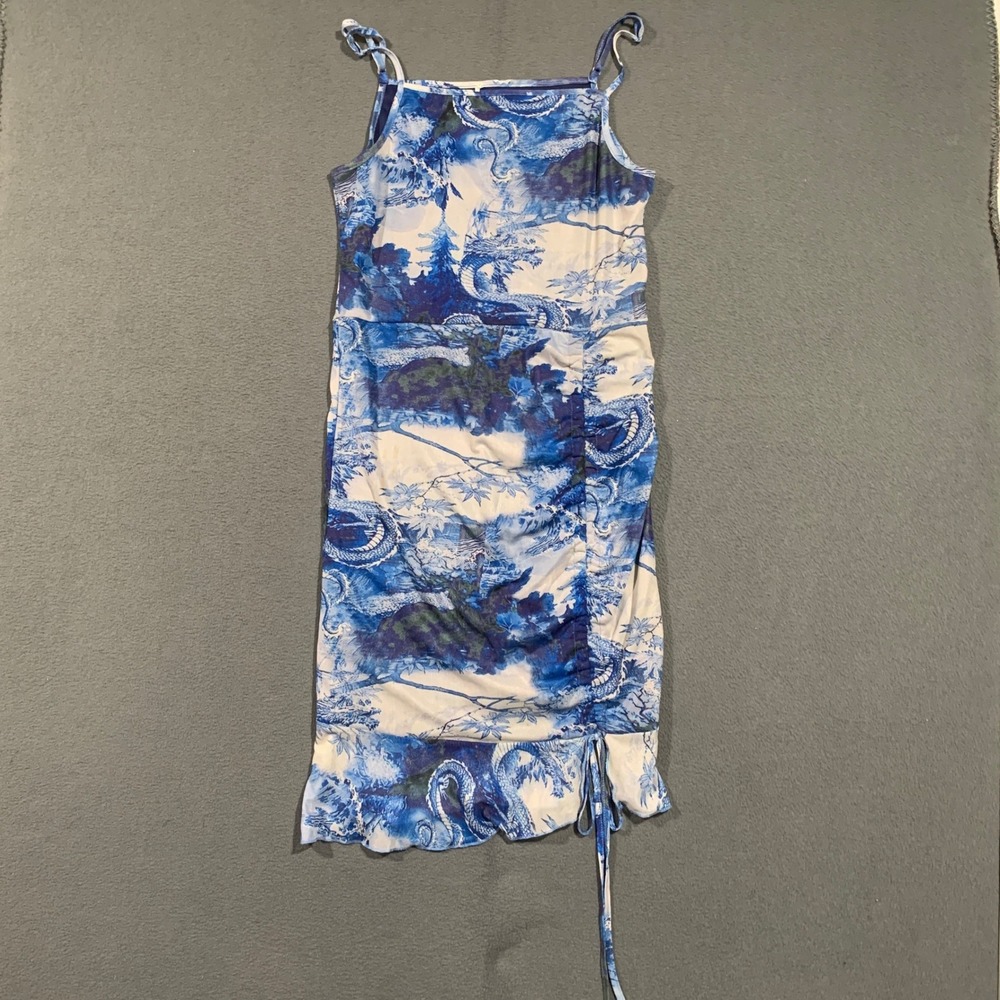 Blue Dragon Print Mesh Layer‎ Ruched Bodycon Mini Dress Womens Medium Y2K Toile